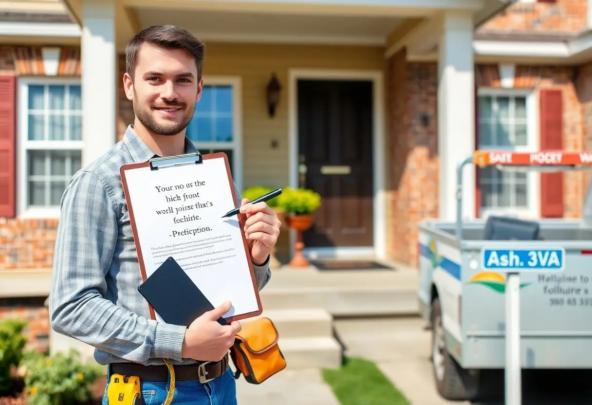 Smiling man in a plaid shirt holds a clipboard and notebook on a front porch of a brick house, posing for a photo.