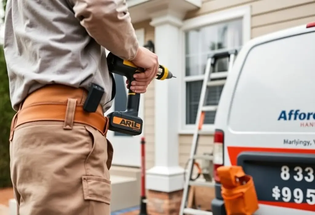 affordable-handyman-services-in-sterling-va-dwe | JD Handy Pro LLC Contractor in beige work pants uses a cordless drill beside a ladder and a white service van on a residential porch.