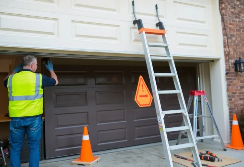 Worker in a fluorescent vest repairs or installs a dark brown garage door, with ladders and orange cones nearby.