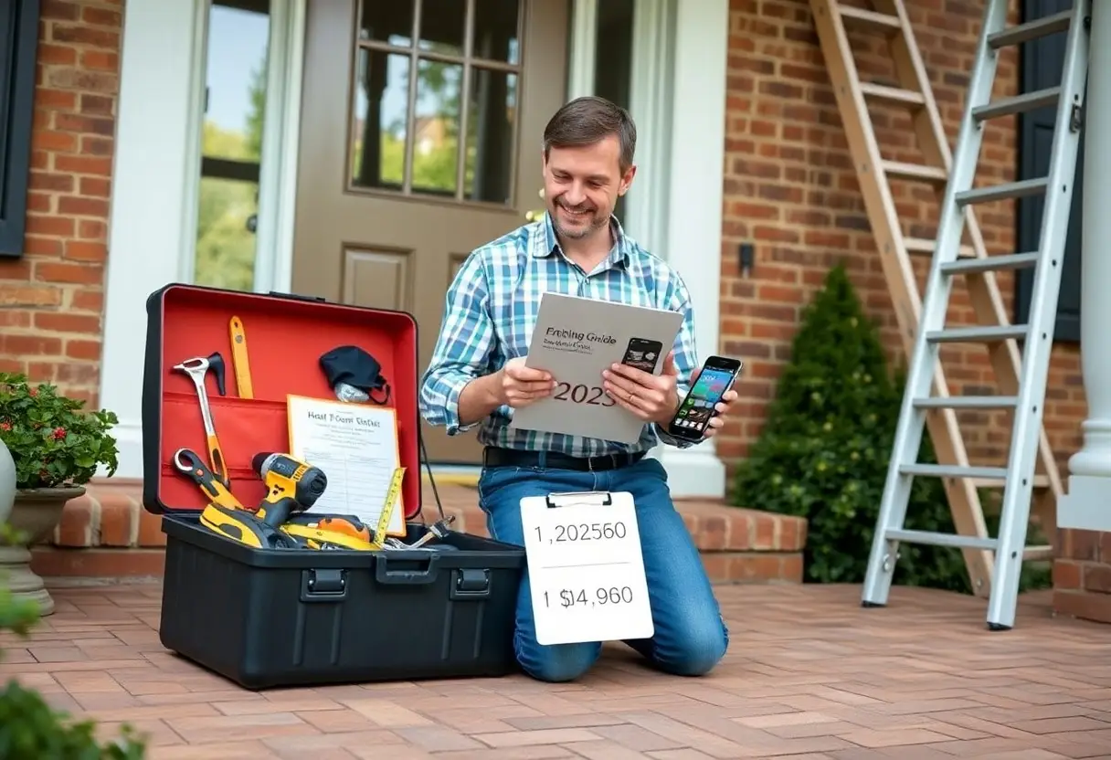 Man kneeling on a brick porch beside a large toolbox, inspecting a clipboard and a smartphone, with a ladder and house in the background.