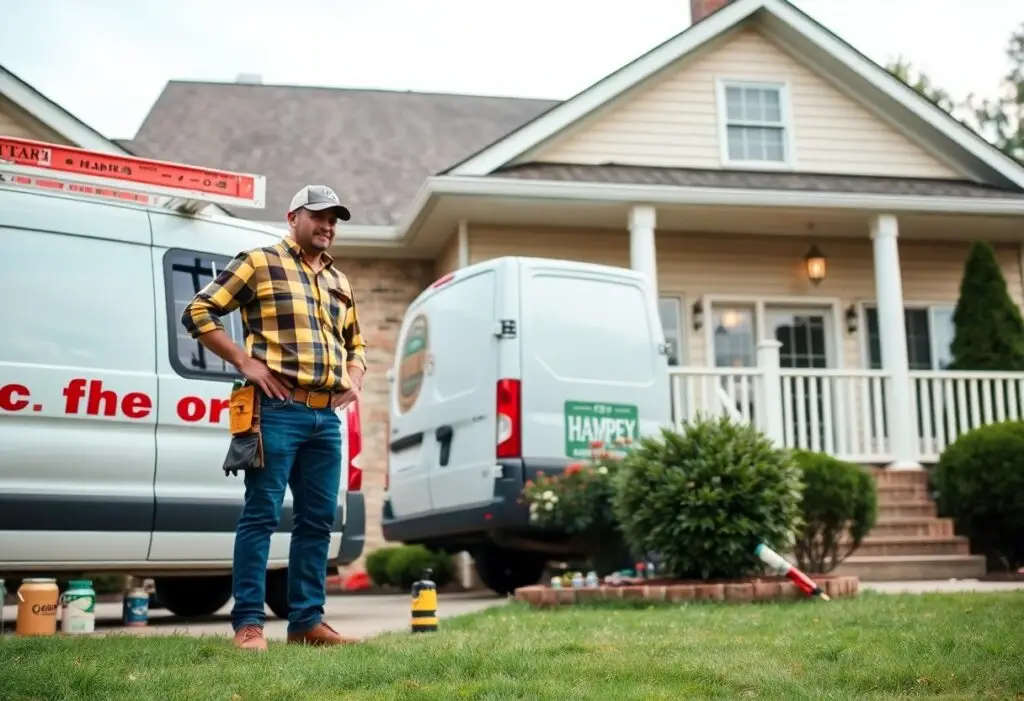 ashburn-handyman-services-offered-fgb | JD Handy Pro LLC Handyman in a yellow plaid shirt and cap stands with hands on hips beside two service vans in front of a suburban house; paint cans on the lawn.