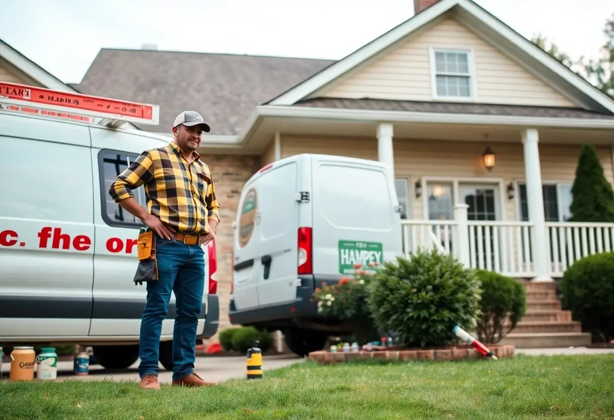 ashburn-handyman-services-offered-fgb | JD Handy Pro LLC | JD Handy Pro LLC Handyman in a yellow plaid shirt and cap stands with hands on hips beside two service vans in front of a suburban house; paint cans on the lawn.