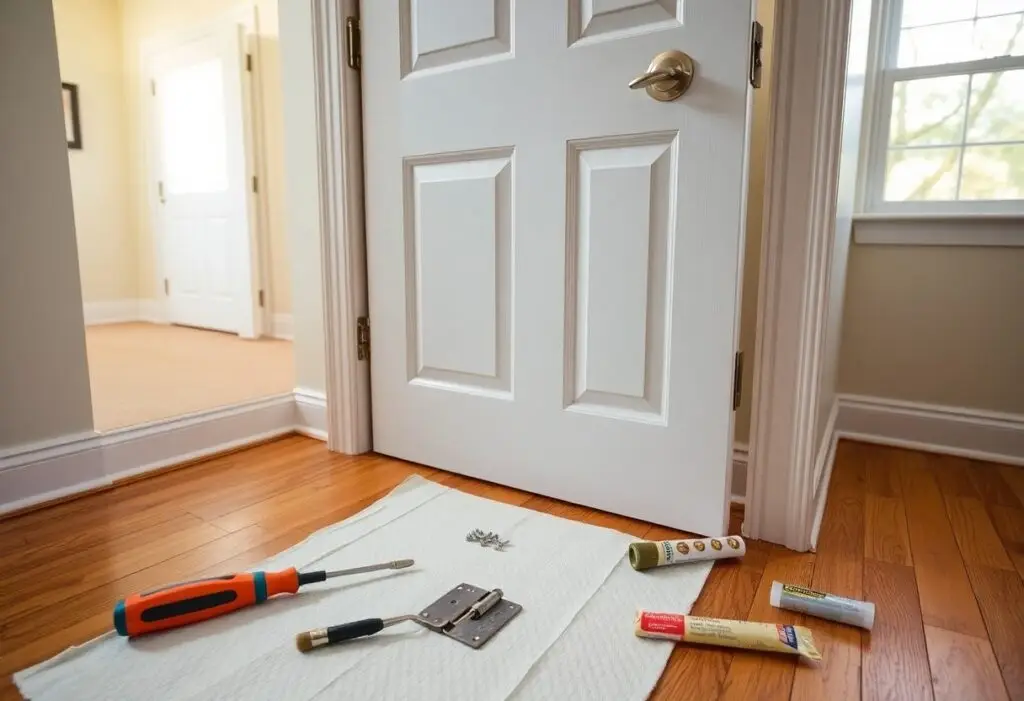 Open door showing a repair setup on the hallway floor: screwdriver, hinge, screws, and glue on a white mat beside the door.