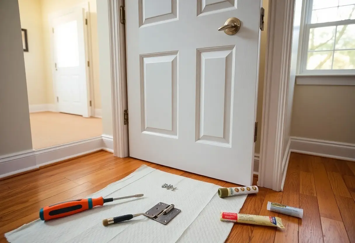 Open door showing a repair setup on the hallway floor: screwdriver, hinge, screws, and glue on a white mat beside the door.