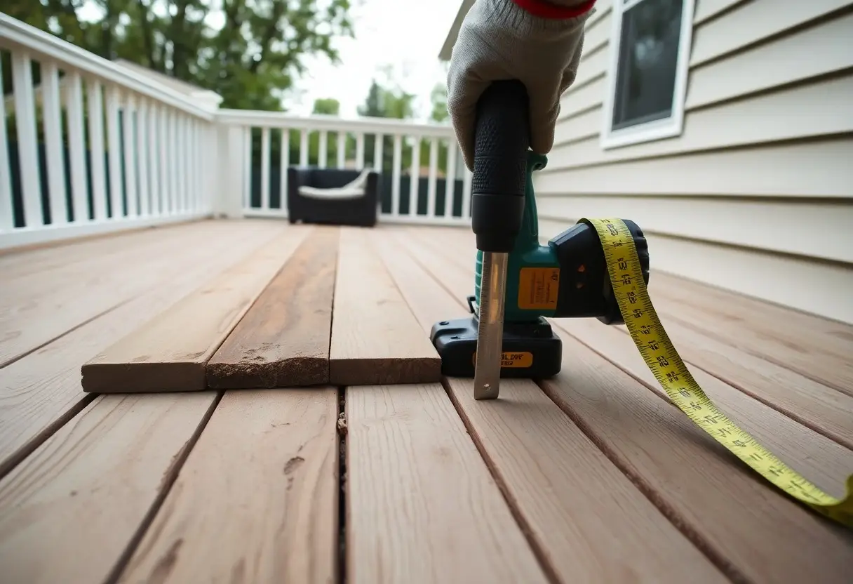 Person wearing a glove uses a cordless nail gun on a wooden deck, with a yellow tape measure nearby.