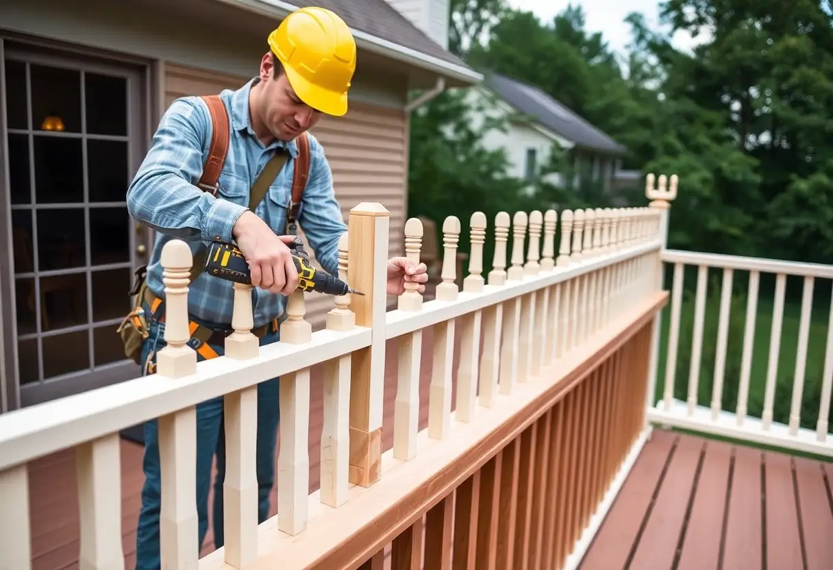 Construction worker in a yellow hard hat drilling a wooden railing on a deck.