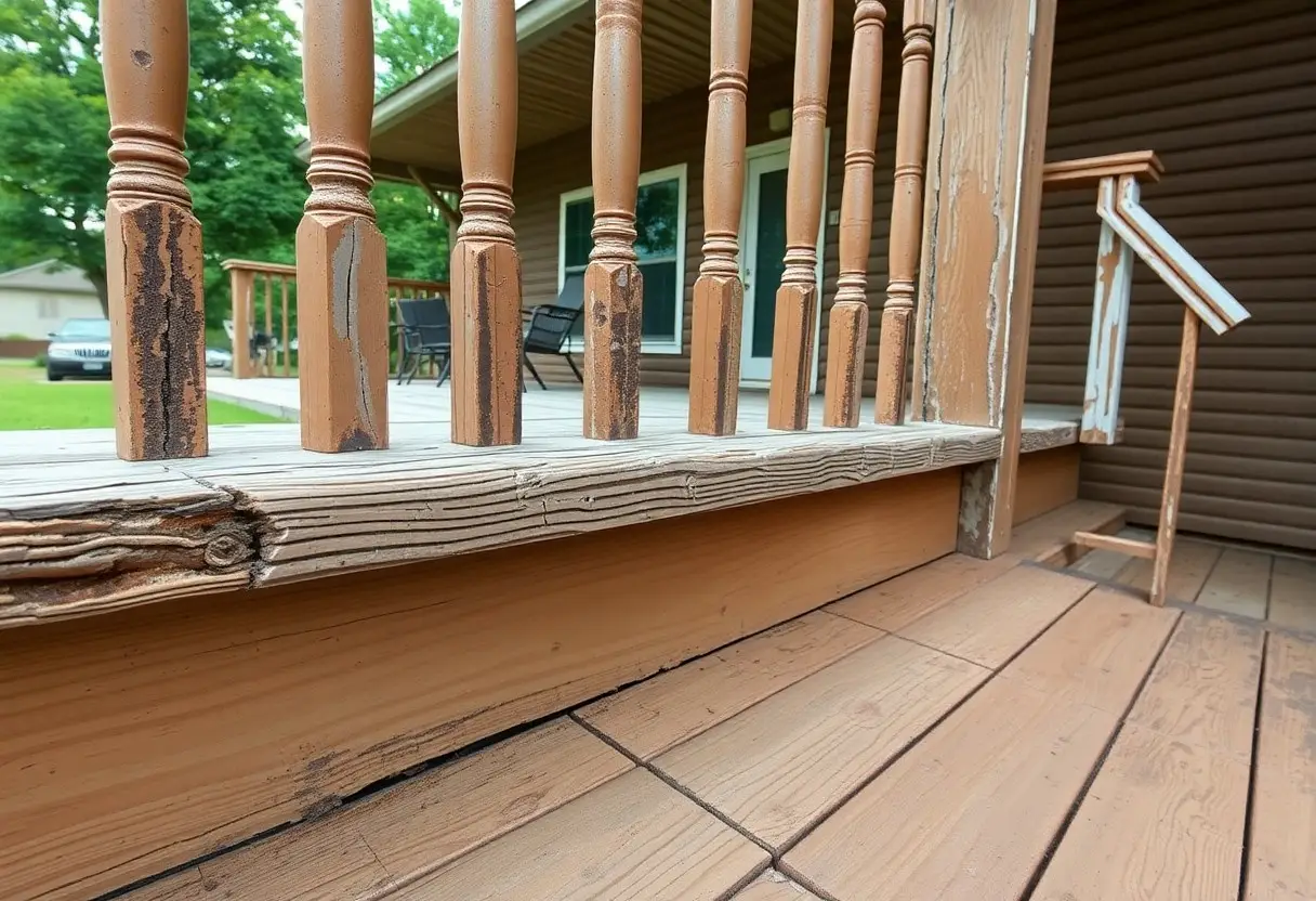 Close-up of a weathered wooden porch railing with peeling brown paint and cracked balusters on a suburban porch edge.