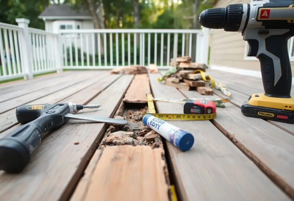 Tools for deck repair laid out on a wooden deck, with cracked boards visible and a drill nearby on the right.