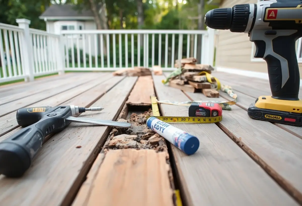 Tools for deck repair laid out on a wooden deck, with cracked boards visible and a drill nearby on the right.