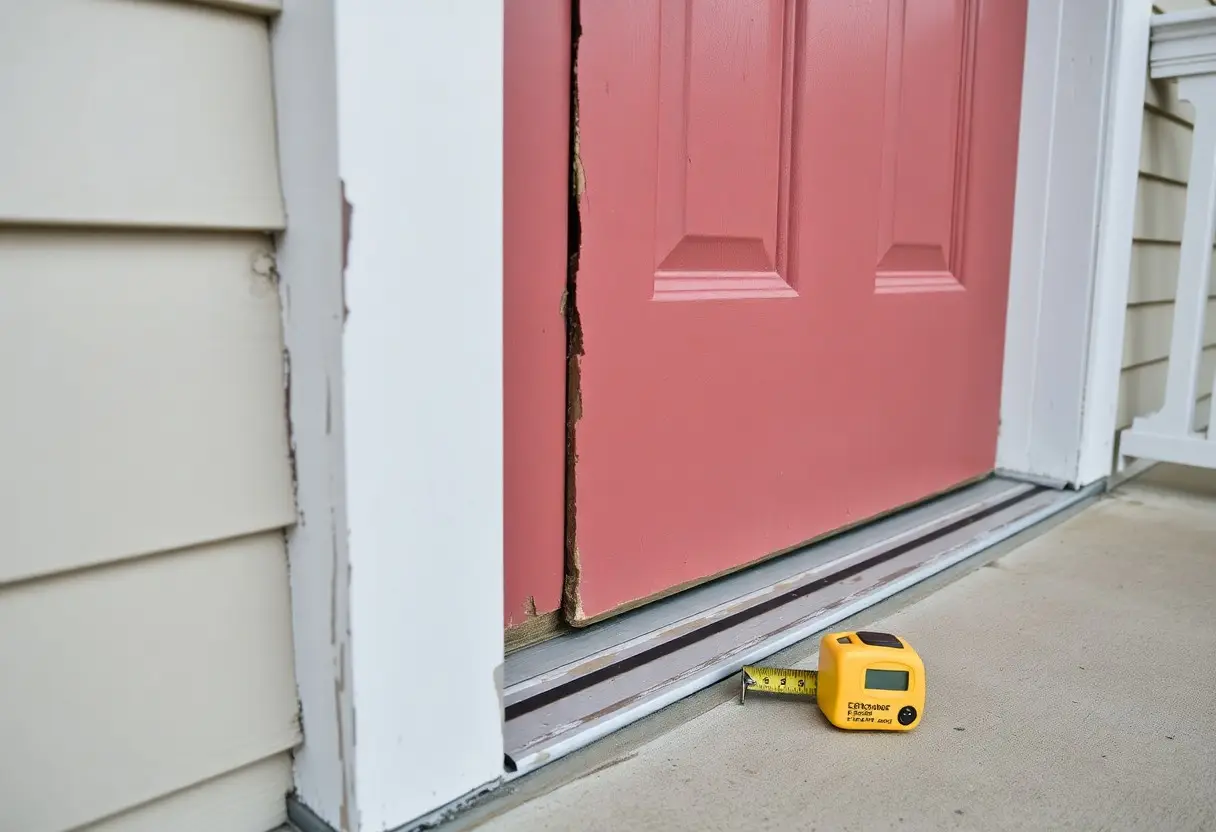 Pink exterior door with a cracked/damaged bottom frame and a yellow tape measure on the concrete threshold beside it.