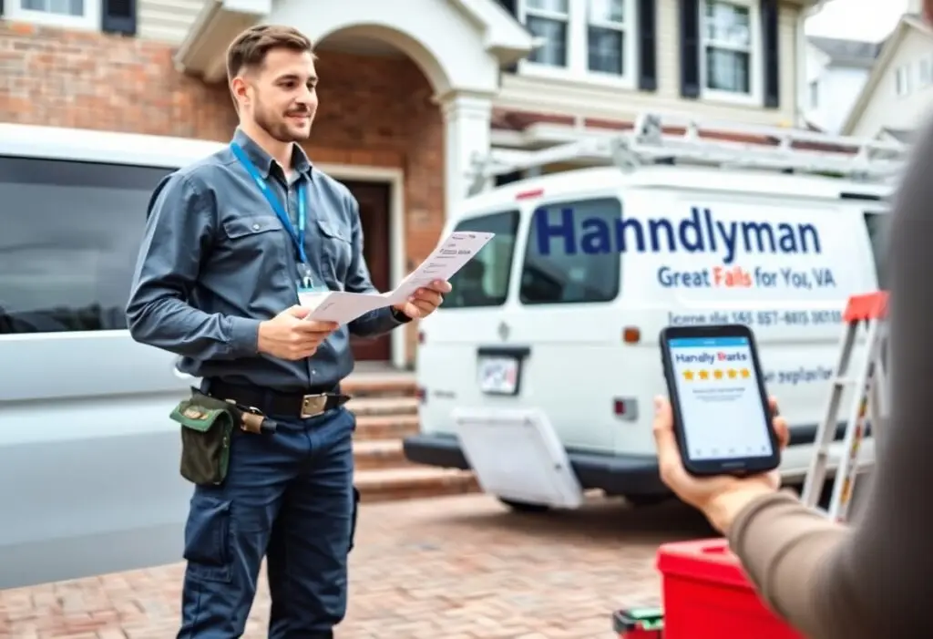 Professional handyman in uniform reviews documents in front of a service van with 'Handyman' branding, as a customer screens a tablet nearby.