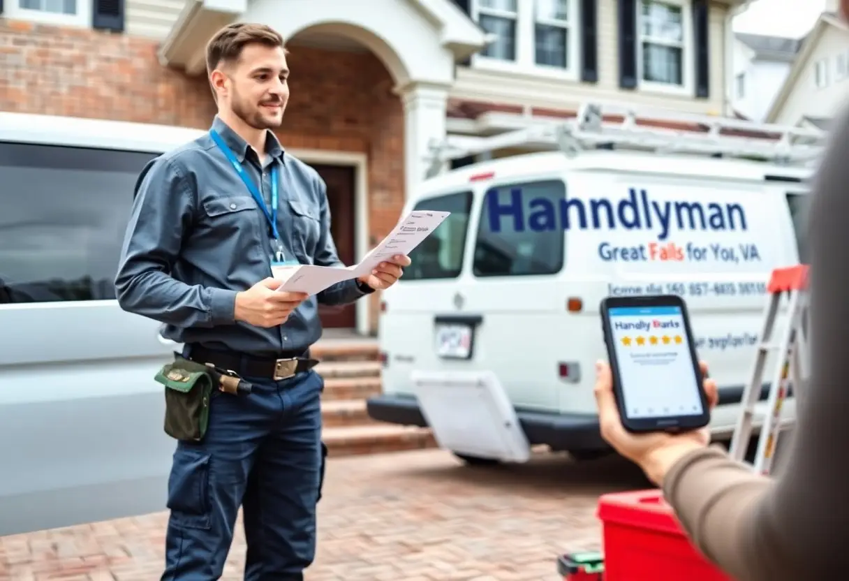 Professional handyman in uniform reviews documents in front of a service van with 'Handyman' branding, as a customer screens a tablet nearby.