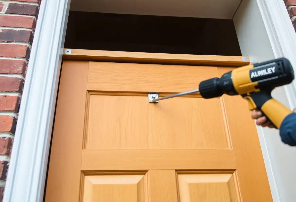 Person using a yellow cordless drill to fasten a strike plate onto a wooden front door frame in a brick doorway.com