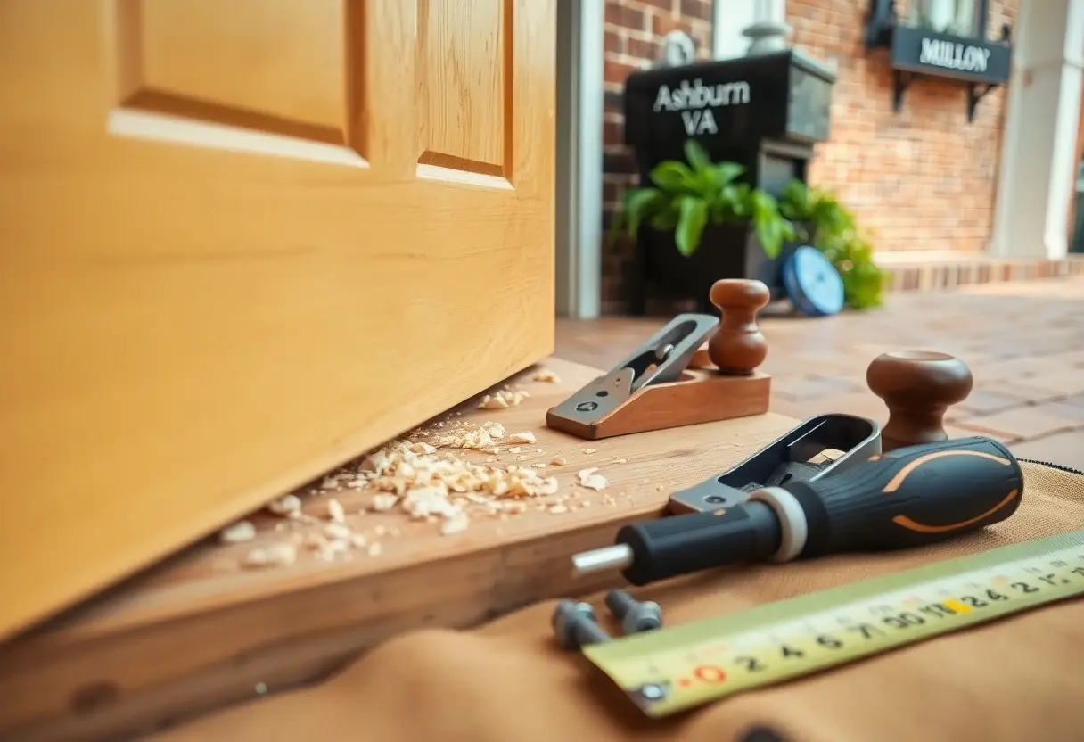 DIY door installation scene: wood shavings, a hand plane, drill, and measuring tape on a wooden doorstep outside a house.