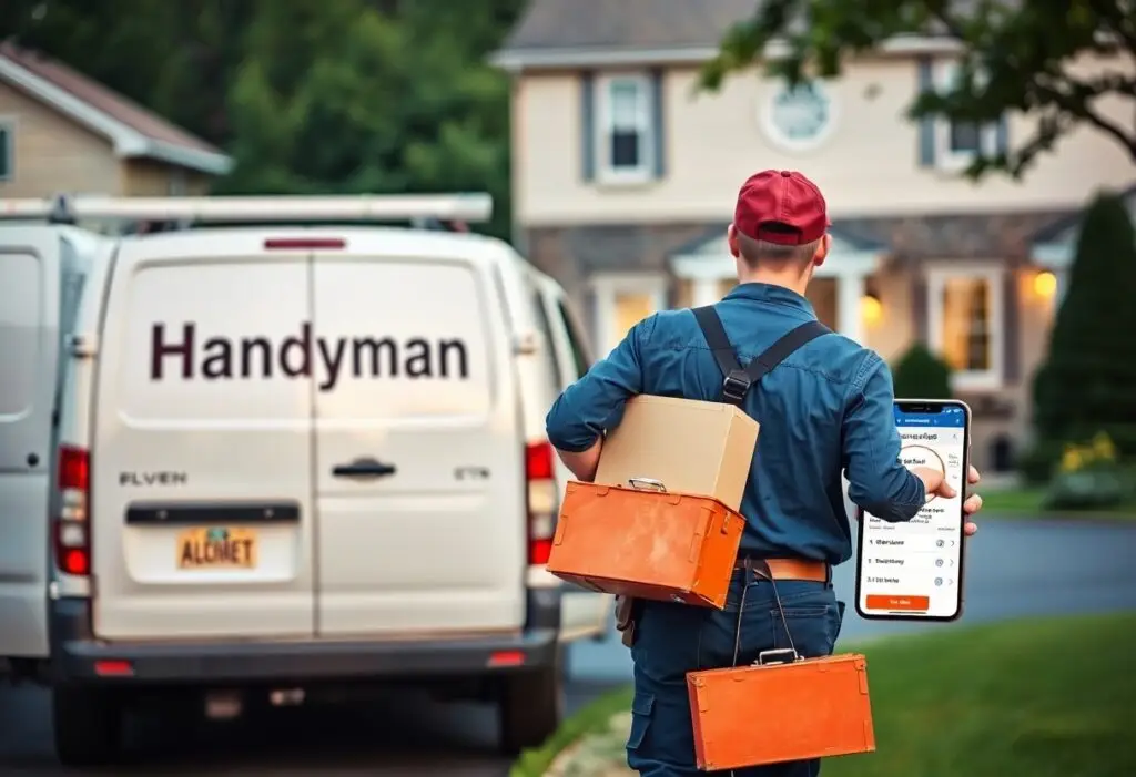 Handyman in blue overalls and a red cap carries orange toolboxes beside a white van labeled 'Handyman', while holding a large smartphone showing a service app.