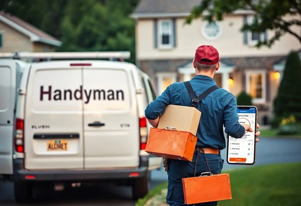 Handyman in blue overalls and a red cap carries orange toolboxes beside a white van labeled 'Handyman', while holding a large smartphone showing a service app.