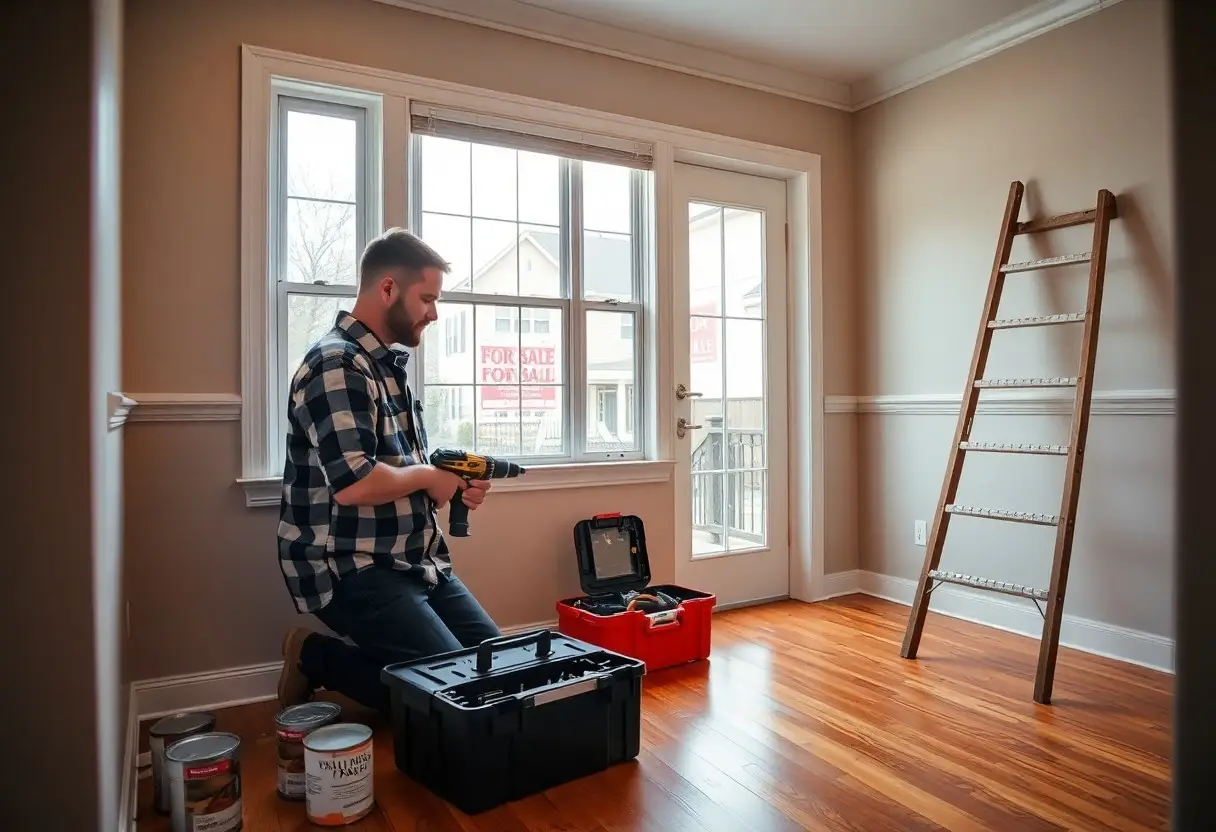 Man kneeling on a hardwood floor, drilling with a cordless drill while surrounded by tool boxes in a bright, empty room with a ladder nearby