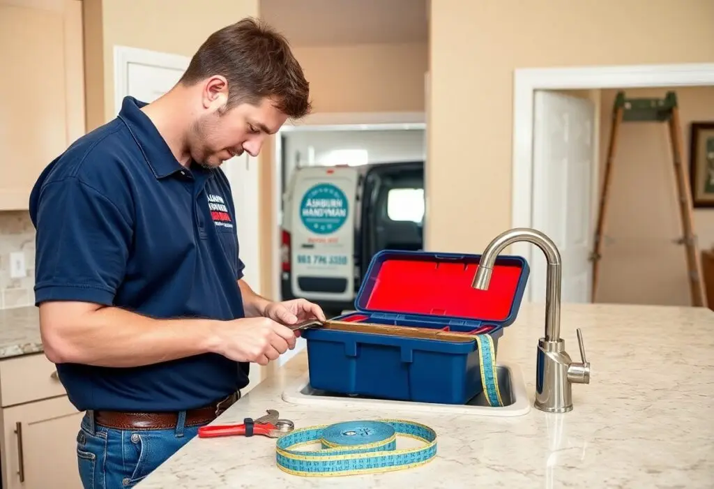 handyman-services-for-rental-property-repairs-ashburn-va-qrj | JD Handy Pro LLC A handyman in a navy polo pouring over a blue tool box on a kitchen island, measuring with a tape measure nearby.