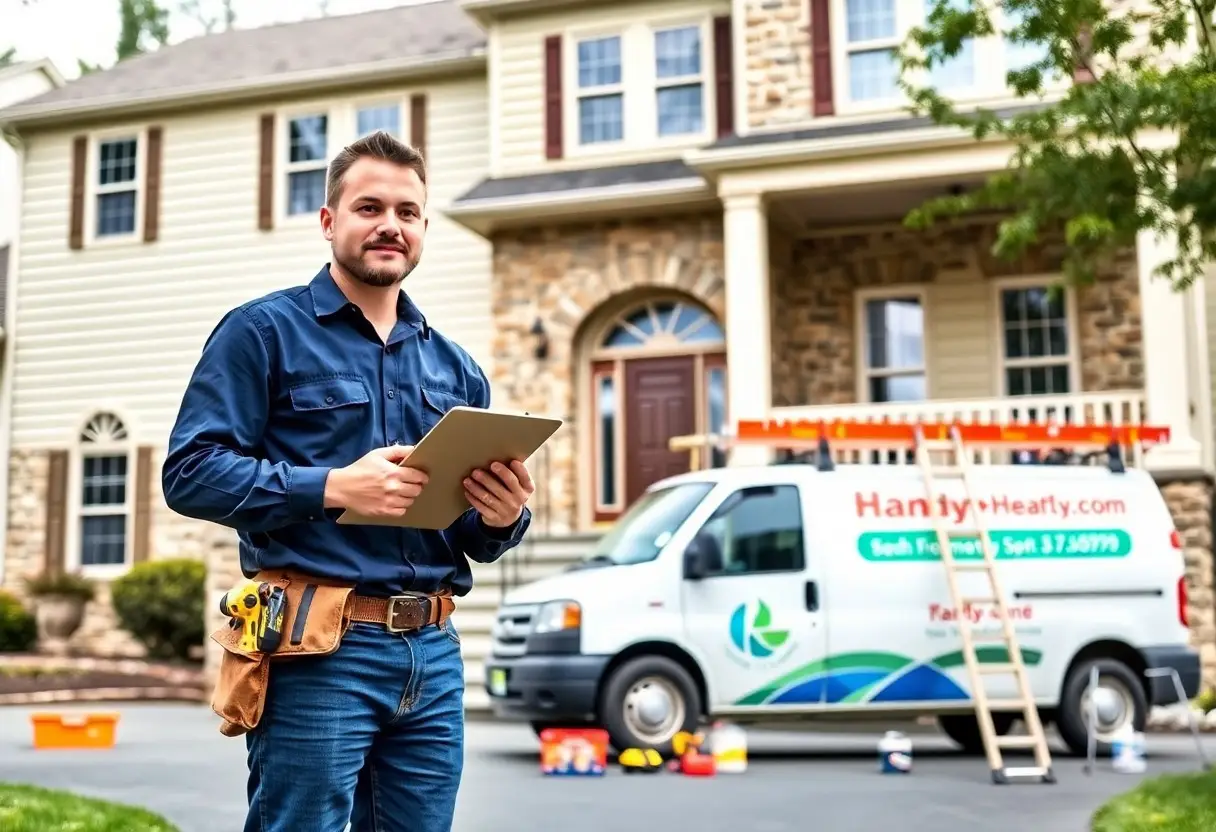 Handyman in a blue shirt with a tablet stands in a driveway, with a service van and ladder in the background.
