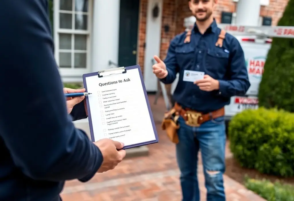Person in foreground holds a clipboard with a 'Questions to Ask' checklist while another worker in a tool belt stands outside a brick house, gesturing.
