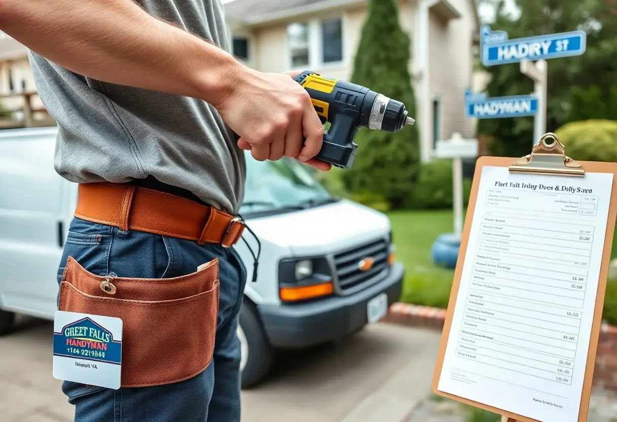 Handyman holding a drill near a clipboard with an itemized invoice, van in background, wearing a tool belt with a job badge visible on the pocket side.