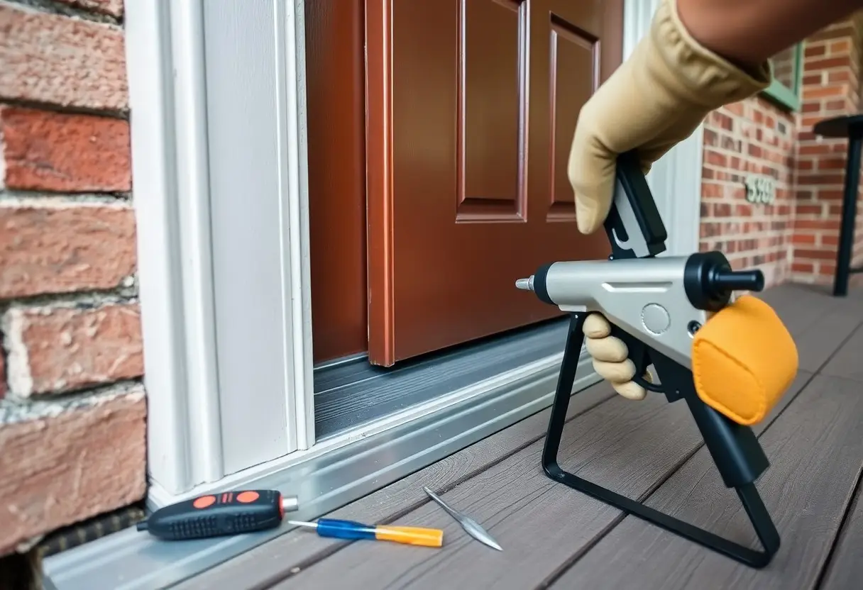 Gloved hand operating a pneumatic nail gun at a front door, with screwdriver bits and a small screwdriver on the porch nearby.