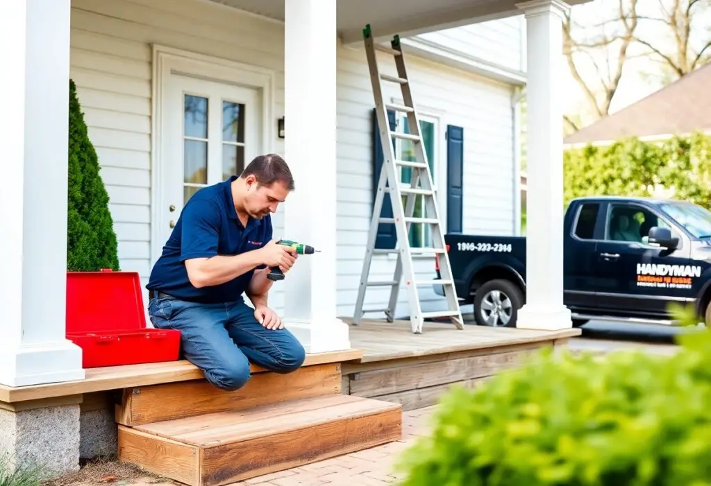 Handyman on the front porch drilling with a cordless drill; red toolbox open beside him, ladder leaning against the house, service truck in the driveway.