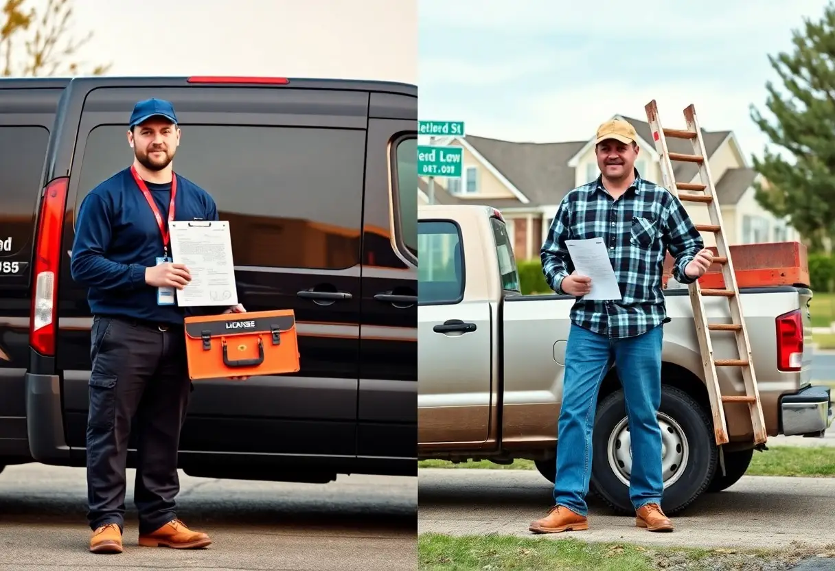 Two men stand by service vehicles holding sheets of paper: left man beside a black van with an orange tool bag; right man beside a pickup with a ladder.