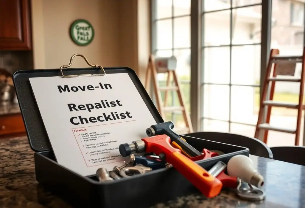 Move-In Repaint Checklist on a clipboard in a kitchen with tools in a tray nearby.