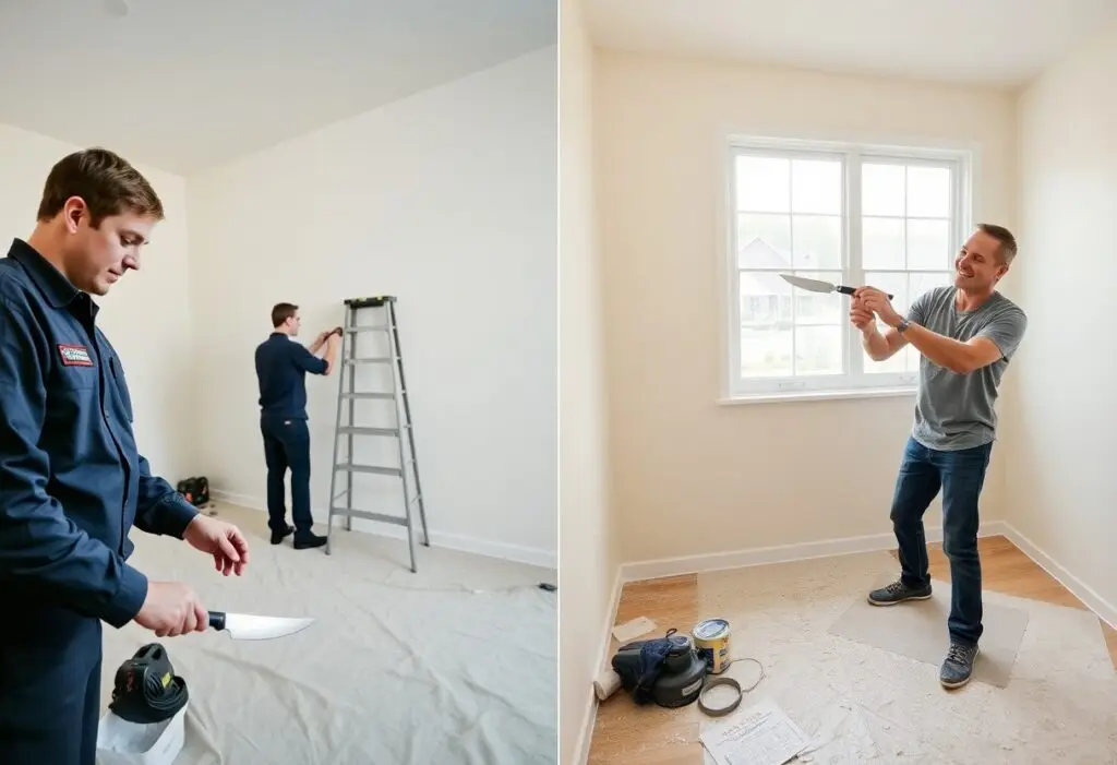 Two workers renovating a room: one in a blue uniform cutting with a knife, another adjusting a ladder by the wall.