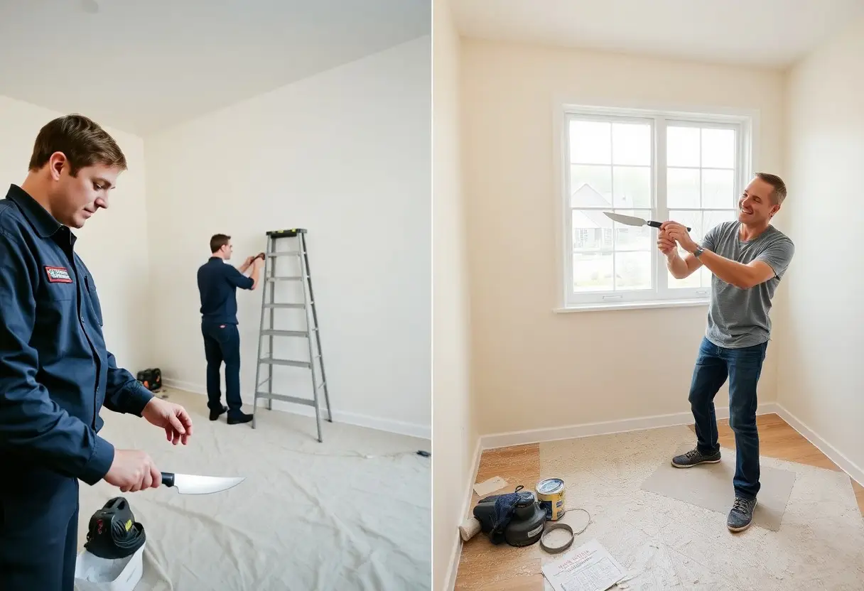 Two workers renovating a room: one in a blue uniform cutting with a knife, another adjusting a ladder by the wall.