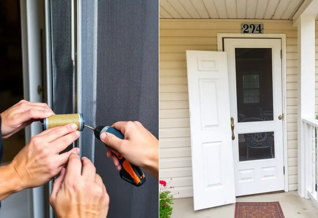 Close-up of hands using a cordless drill to install a brass door knob on a blue exterior door
