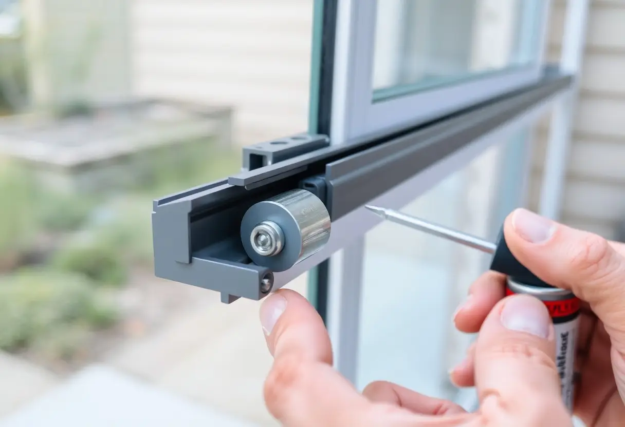 Close-up of a person using a screwdriver on a sliding window roller mechanism at a window track