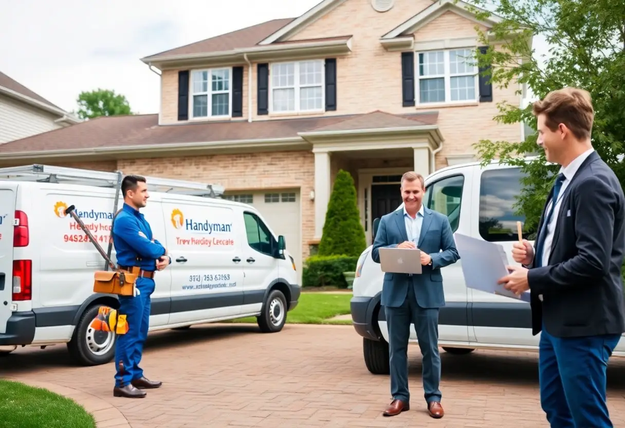 Three professionals stand in a driveway in front of a brick house, with two branded service vans nearby.