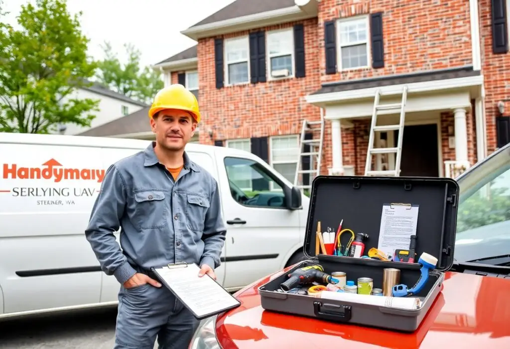 Handyman wearing a yellow hard hat stands with a clipboard beside an open toolbox on a car hood in front of a brick house under renovation.