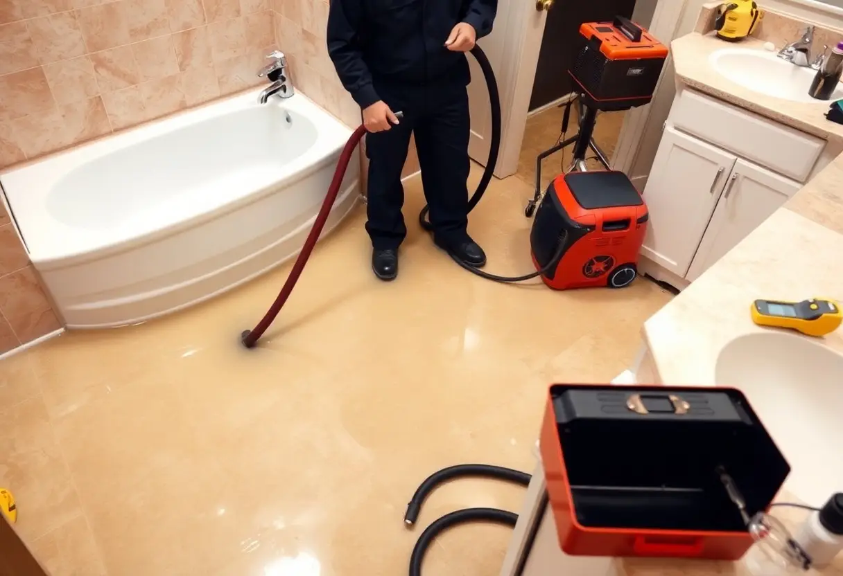 Worker in dark clothing uses a red water extractor to suck up water from a flooded bathroom floor on beige tiles.