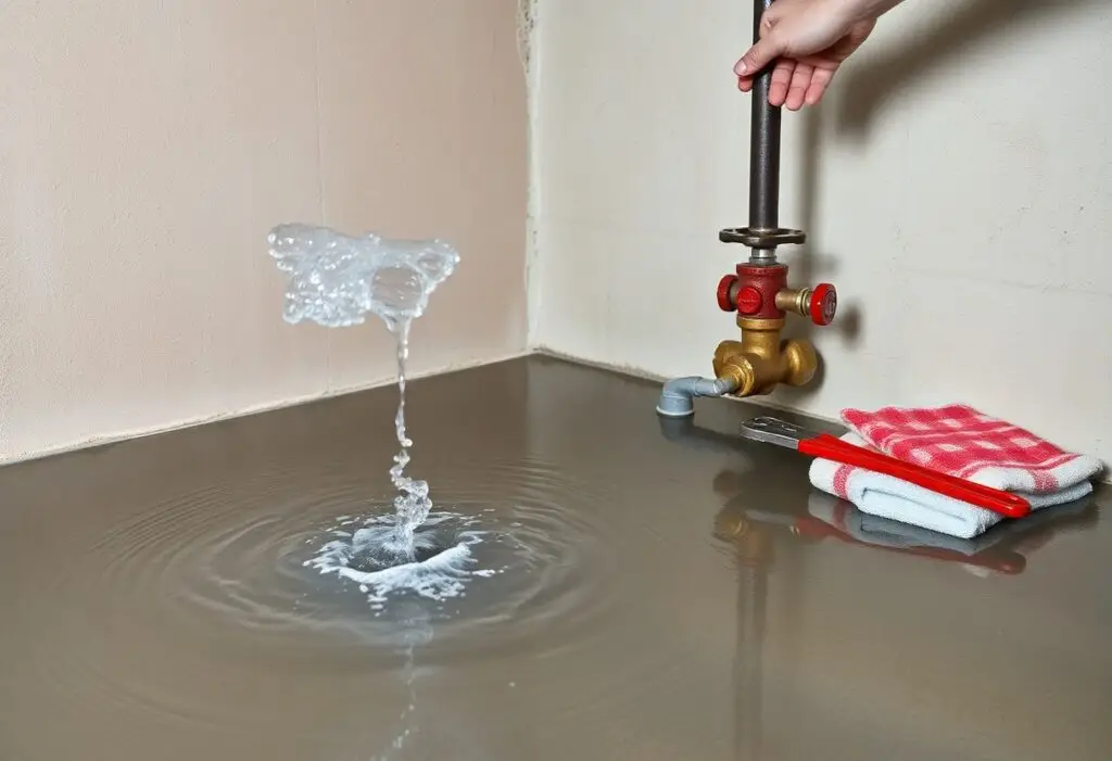 Hand operating a valve on a pipe as water shoots up from a leak into a gray concrete floor, with towels and a red-handled wrench nearby.
