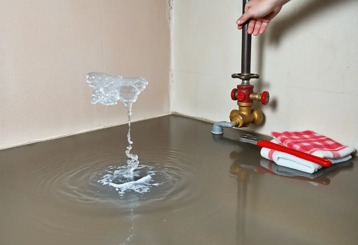 Hand operating a valve on a pipe as water shoots up from a leak into a gray concrete floor, with towels and a red-handled wrench nearby.