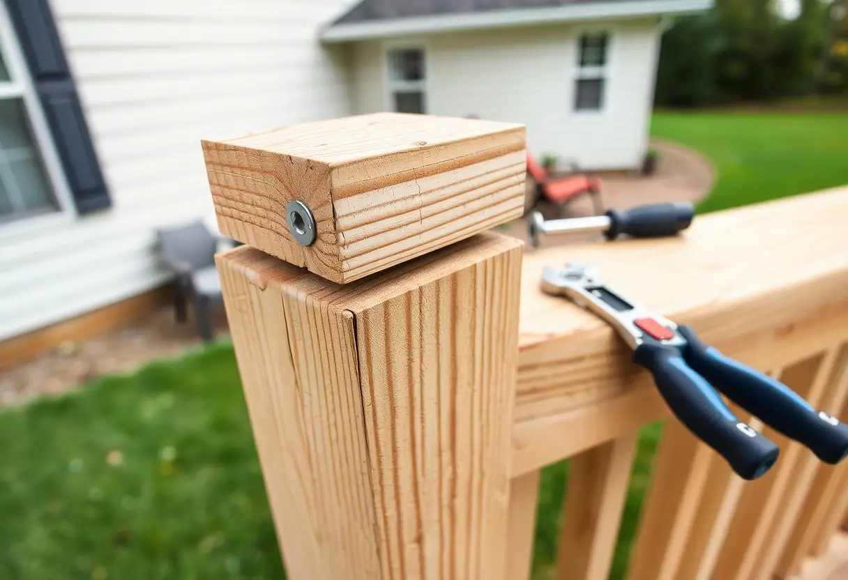 Deck railing under construction with a wooden block fastened by a metal bolt; pliers and a screwdriver lie on the railing in a suburban backyard.
