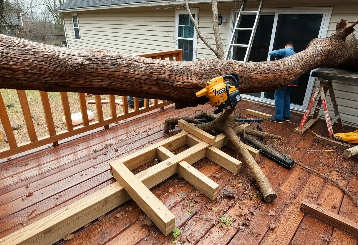 A large fallen tree trunk spans a wooden deck with a yellow chainsaw resting on it; a worker in blue jeans stands near a sliding glass door in the background.