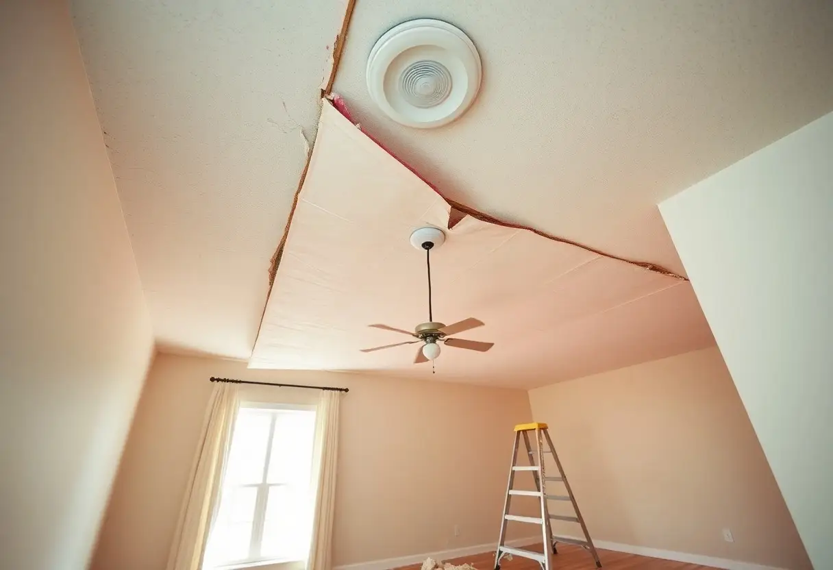 Room undergoing renovation with an exposed ceiling panel, a ceiling fan, and a ladder in a beige-walled room near a window with curtains