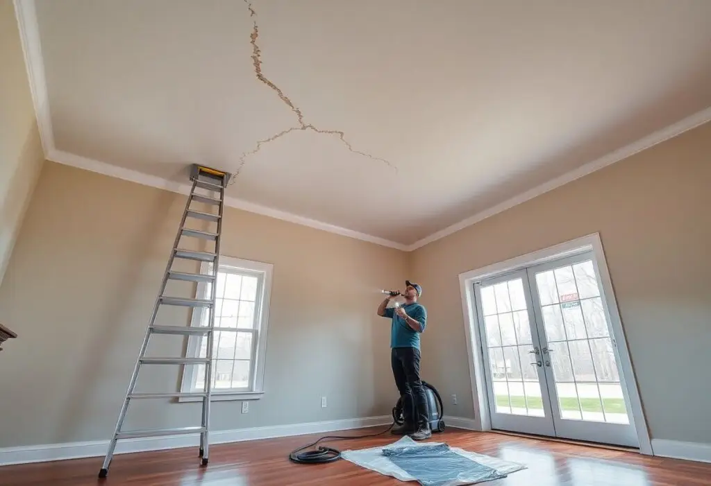 Man on a step ladder applying sealant to a large crack in the ceiling of a living room, during a repair.