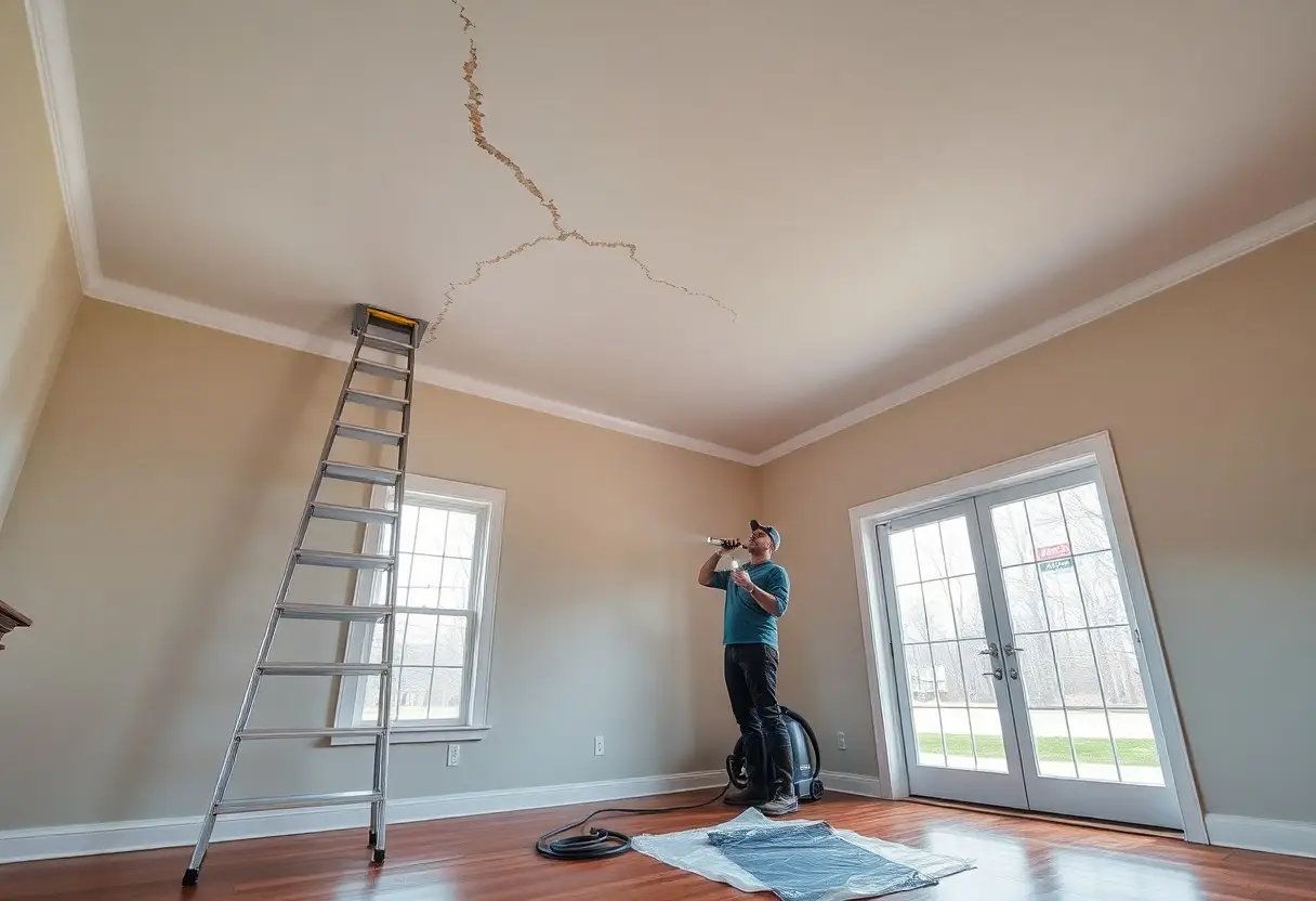 Man on a step ladder applying sealant to a large crack in the ceiling of a living room, during a repair.