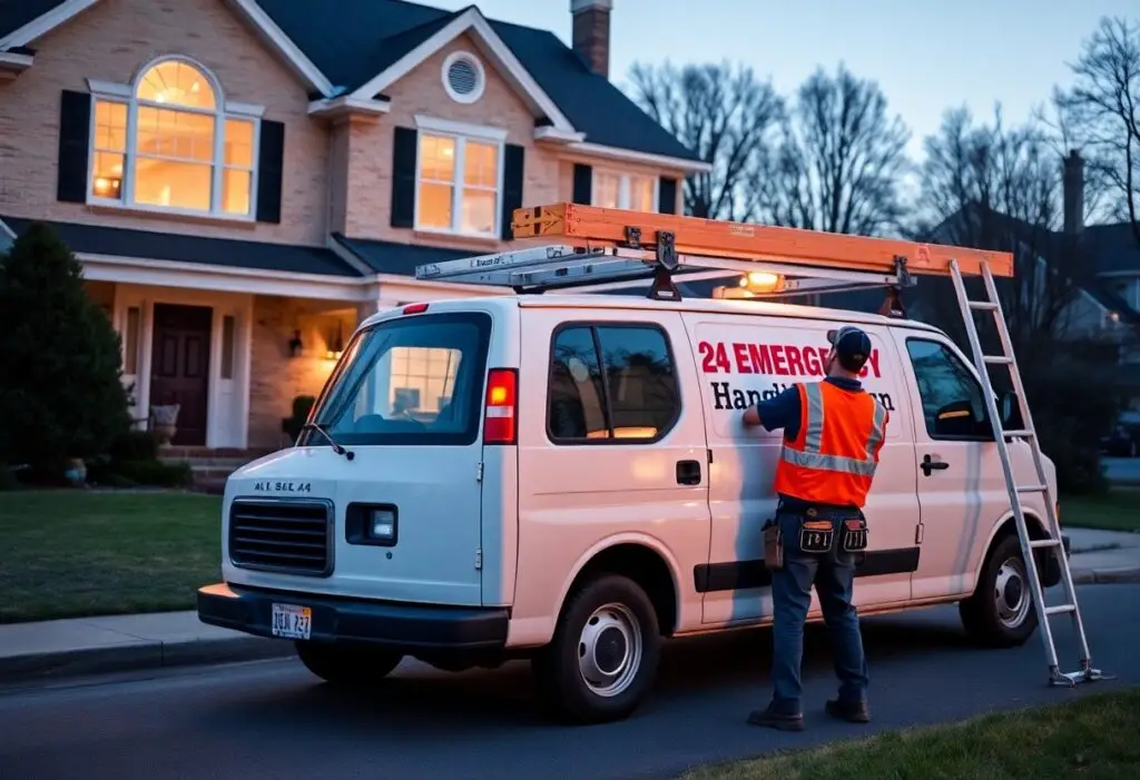 White emergency van with '24 EMERGENCY' text on the side, parked on a suburban street at dusk; a worker in an orange safety vest stands by a ladder attached to the van.