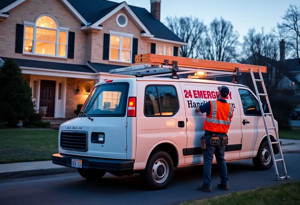 White emergency van with '24 EMERGENCY' text on the side, parked on a suburban street at dusk; a worker in an orange safety vest stands by a ladder attached to the van.