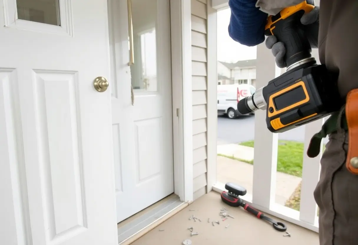 Handyman in gloves uses a cordless drill at a front porch door, with screws and tools scattered on the step.