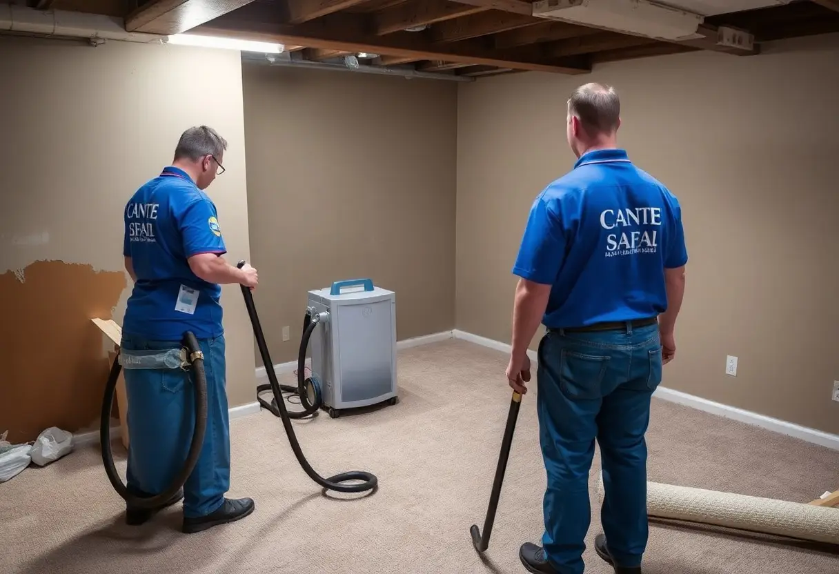 Two workers in matching blue uniforms clean a basement carpet, using a portable carpet extractor and hoses nearby.