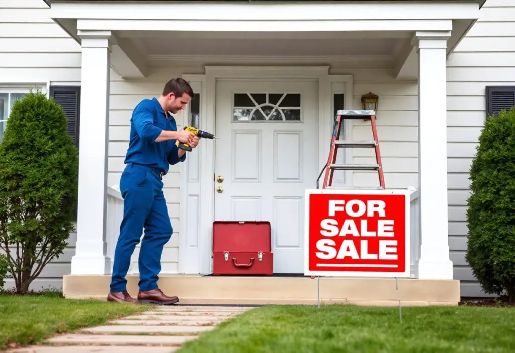 A man in blue work clothes drills on the front porch of a house, with a red toolbox and a large red 'FOR SALE' sign nearby and a step ladder nearby.