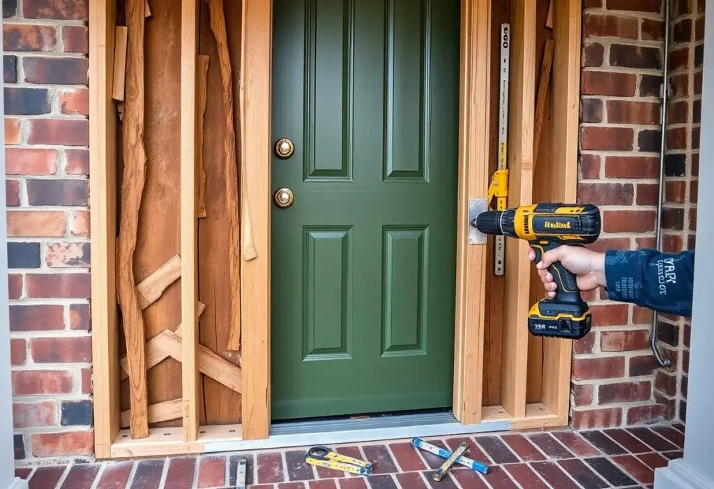 Green exterior door being installed in brick entryway with exposed wooden framing and a drill on the right side, construction tools on the floor.