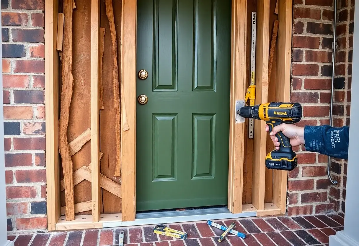 Green exterior door being installed in brick entryway with exposed wooden framing and a drill on the right side, construction tools on the floor.
